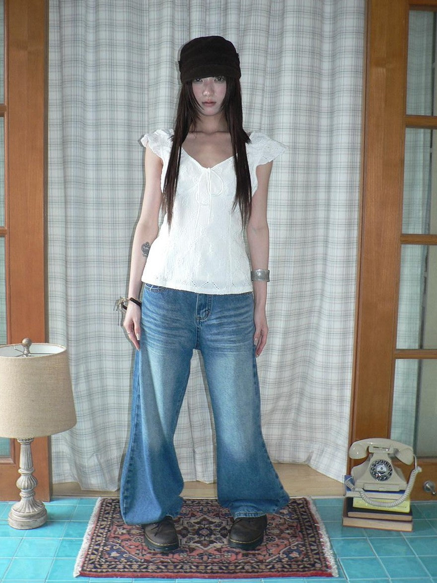 ang project Vintage Wash Whisker Distressed Straight Zip Fly Women&