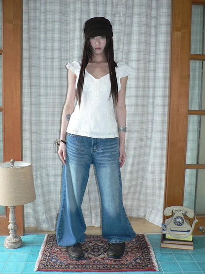 ang project Vintage Wash Whisker Distressed Straight Zip Fly Women&