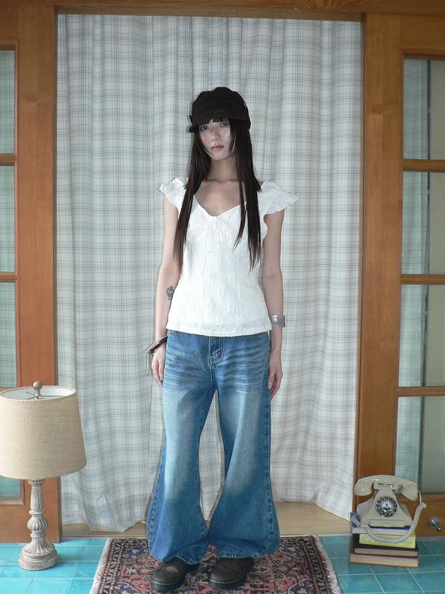 ang project Vintage Wash Whisker Distressed Straight Zip Fly Women&