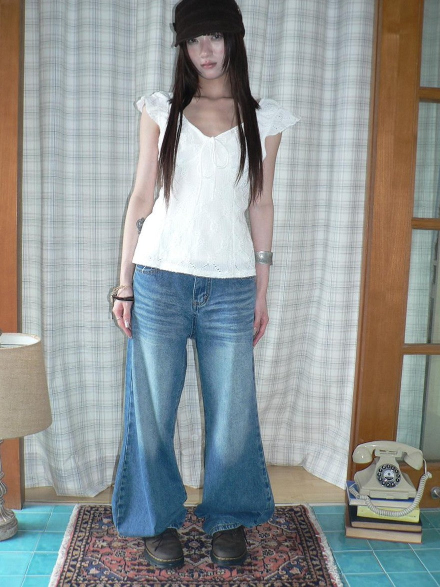 ang project Vintage Wash Whisker Distressed Straight Zip Fly Women&