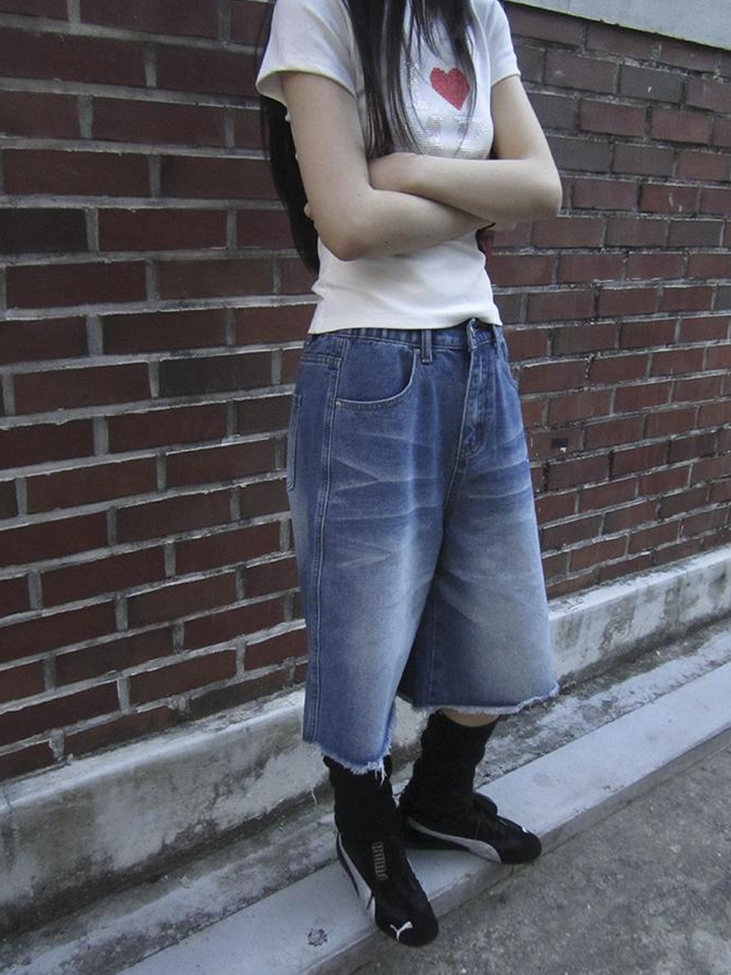 ang project Vintage Washed Denim Mid Shorts With Elastic Waist
