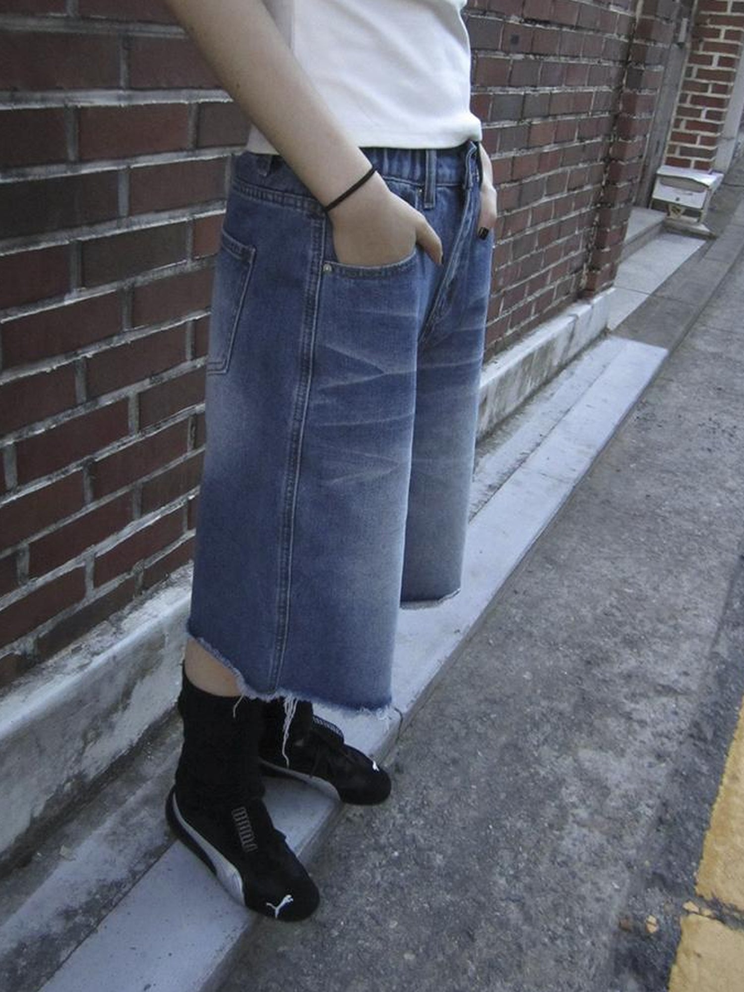 ang project Vintage Washed Denim Mid Shorts With Elastic Waist