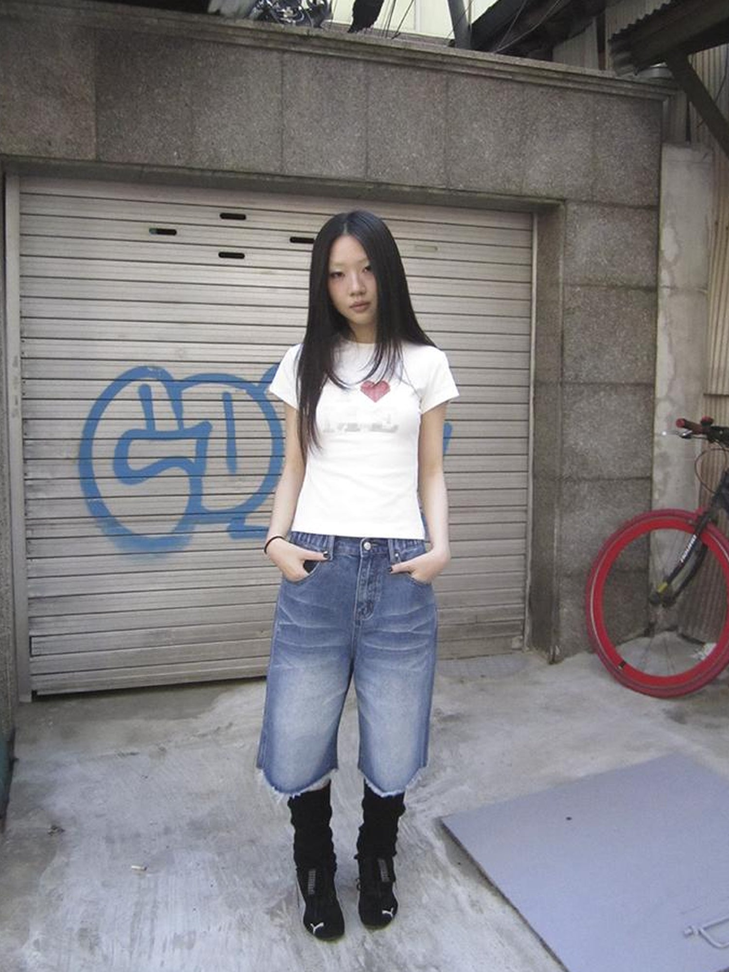 ang project Vintage Washed Denim Mid Shorts With Elastic Waist