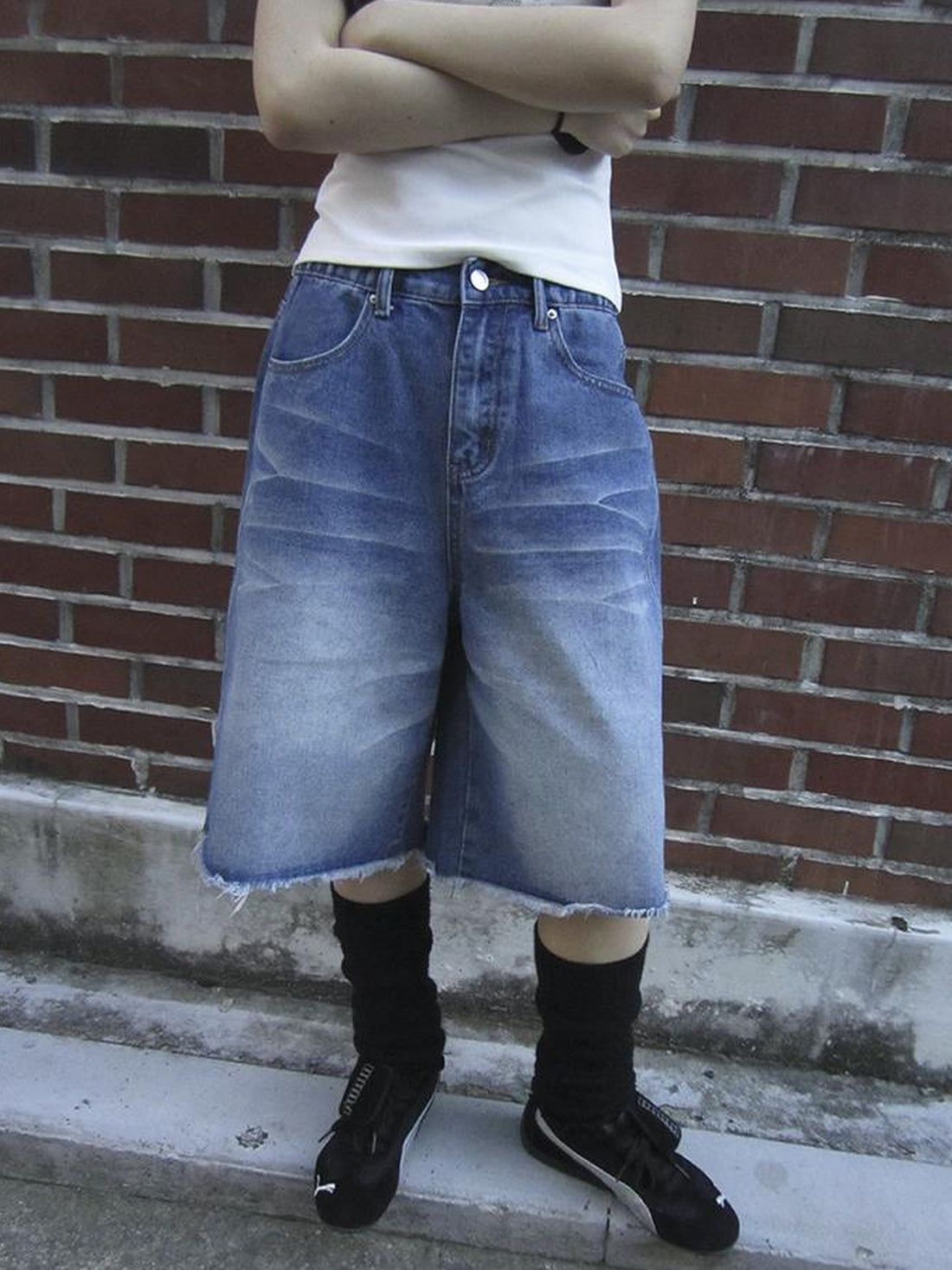 ang project Vintage Washed Denim Mid Shorts With Elastic Waist
