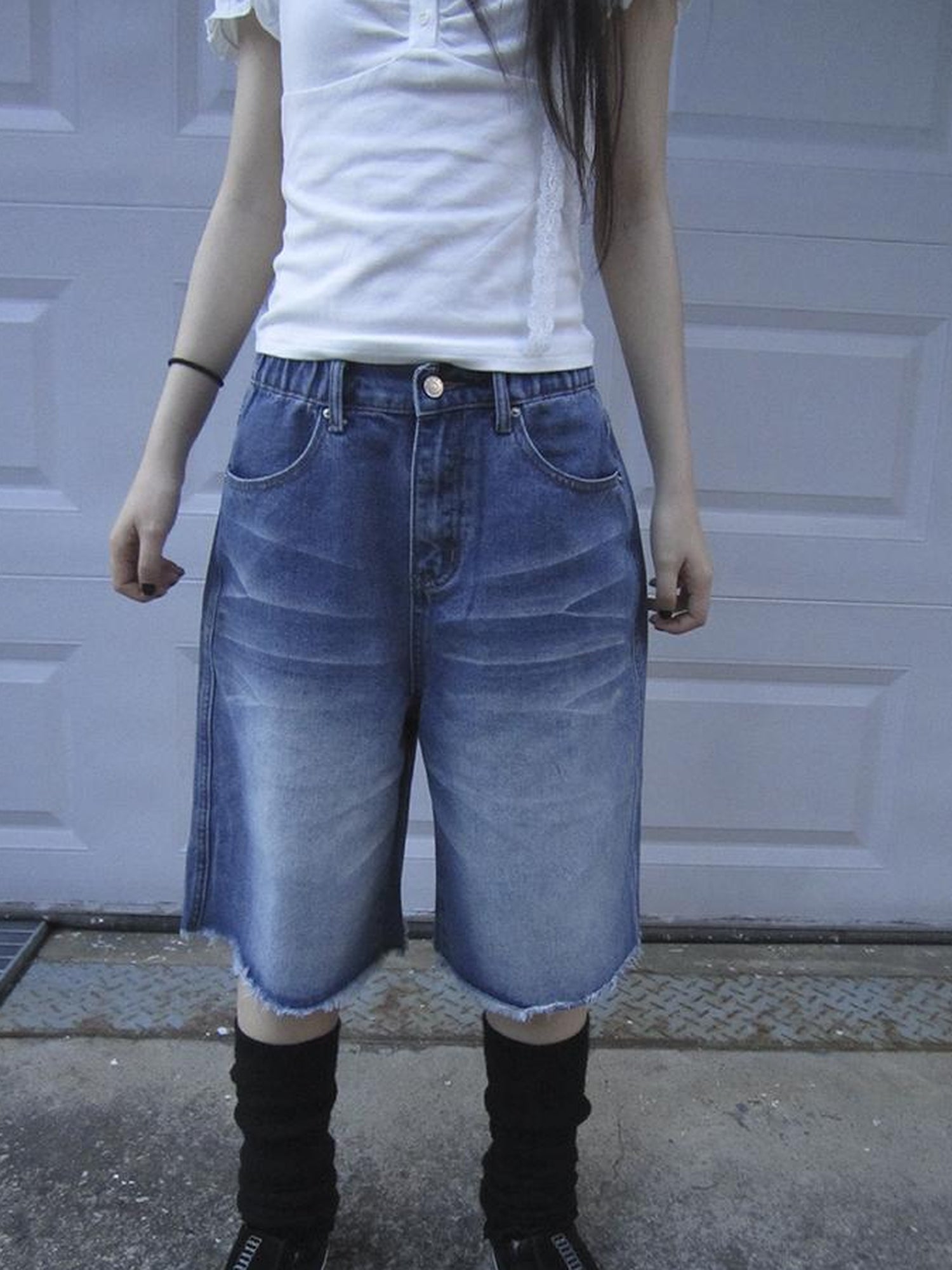 ang project Vintage Washed Denim Mid Shorts With Elastic Waist