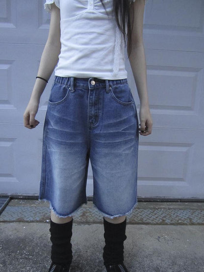 ang project Vintage Washed Denim Mid Shorts With Elastic Waist