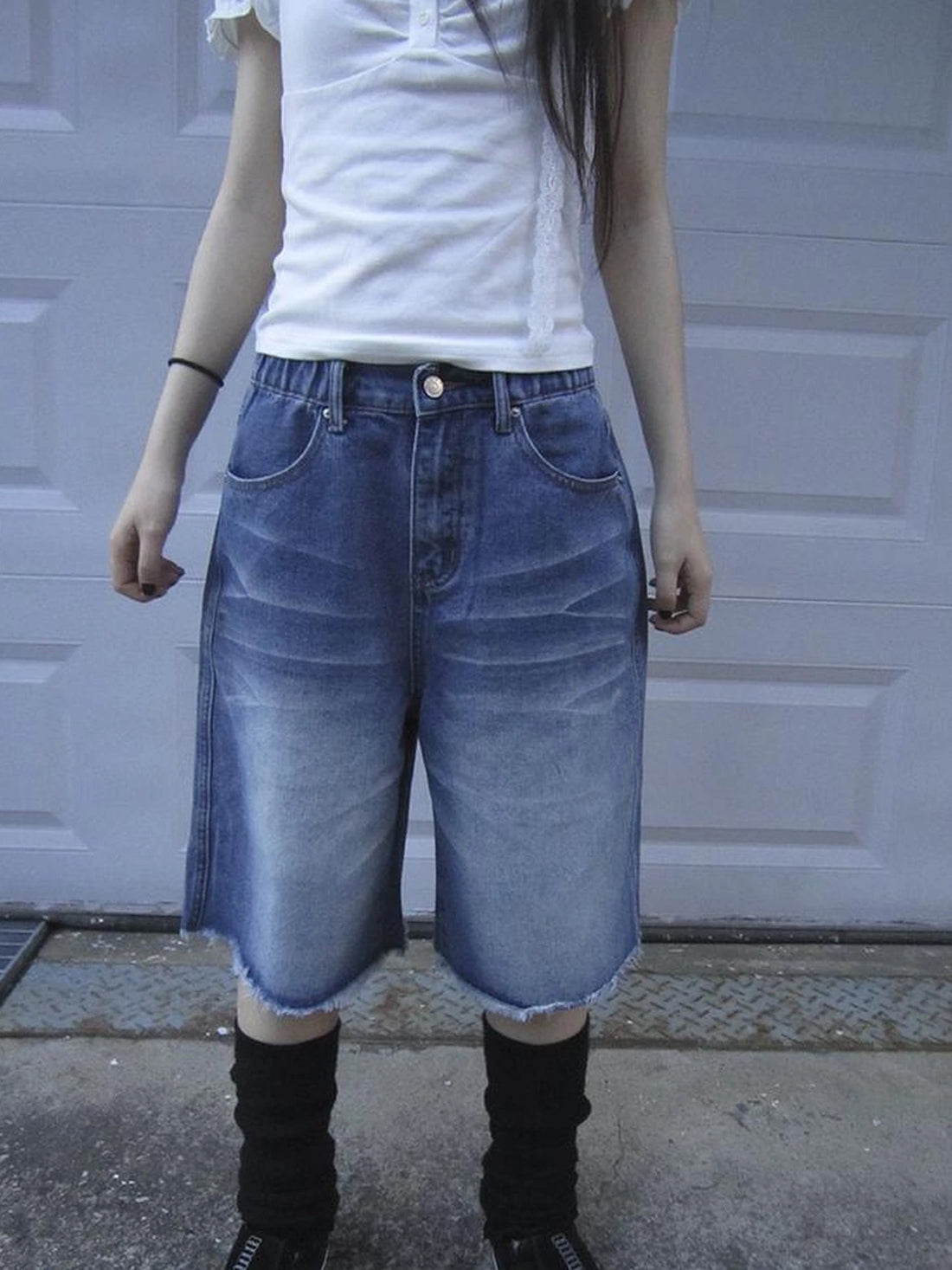 Vintage Washed Denim Mid Shorts With Elastic Waist