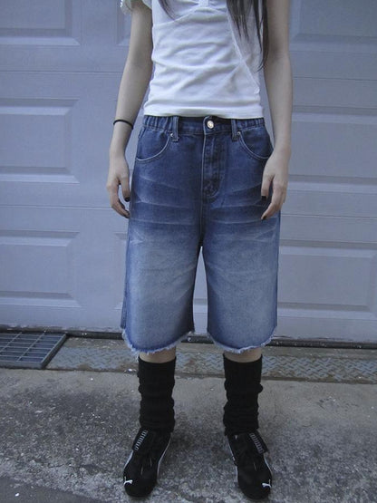 ang project Vintage Washed Denim Mid Shorts With Elastic Waist