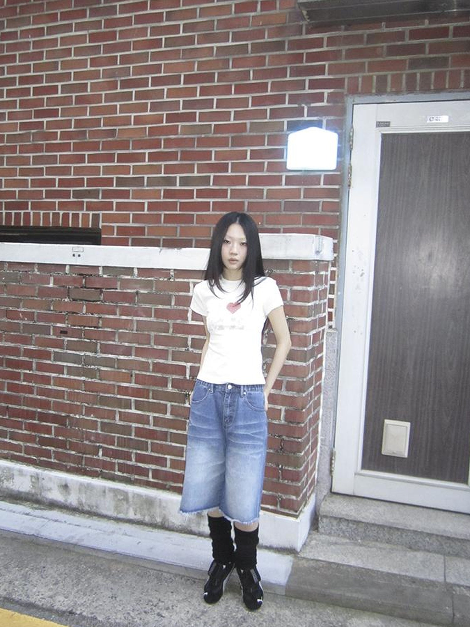 ang project Vintage Washed Denim Mid Shorts With Elastic Waist