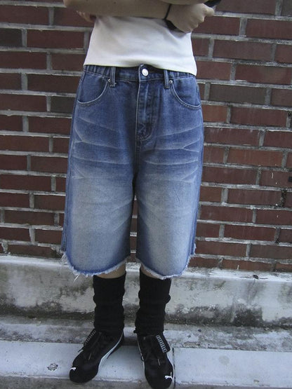 ang project Vintage Washed Denim Mid Shorts With Elastic Waist