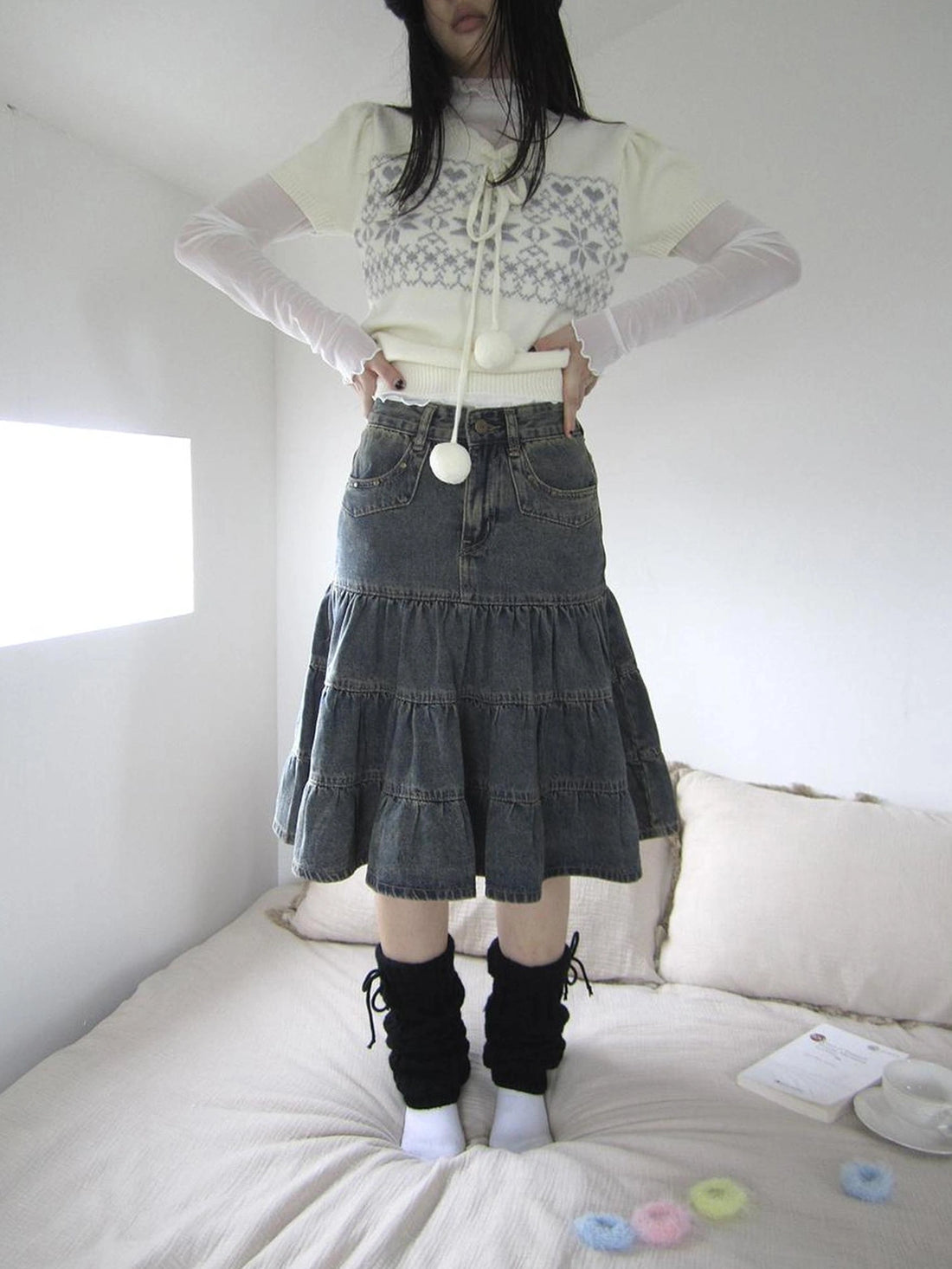 ang project Vintage Washed Distressed Lace Trim Beaded Denim Midi Skirt Skirt