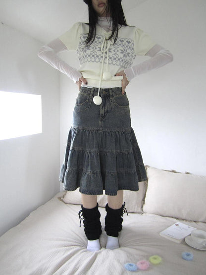 ang project Vintage Washed Distressed Lace Trim Beaded Denim Midi Skirt Skirt