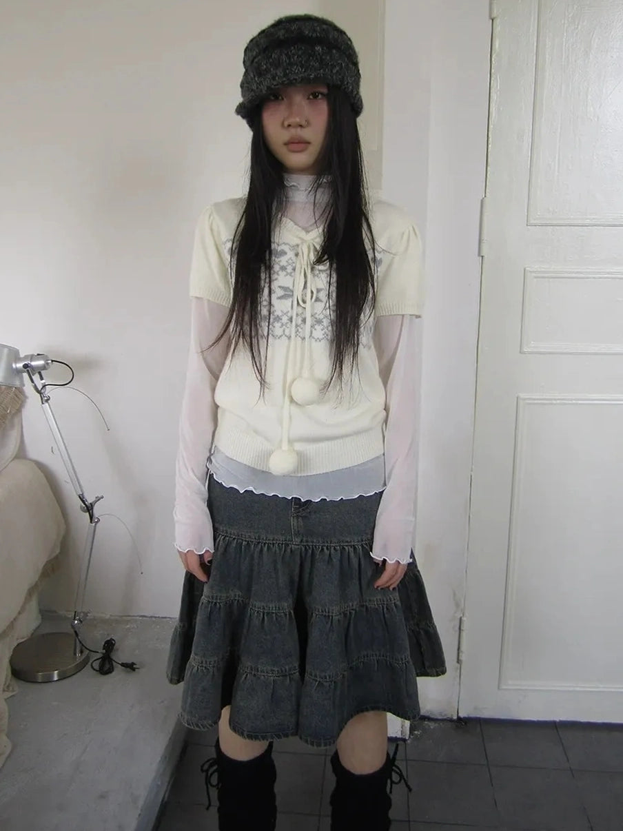 ang project Vintage Washed Distressed Lace Trim Beaded Denim Midi Skirt Skirt