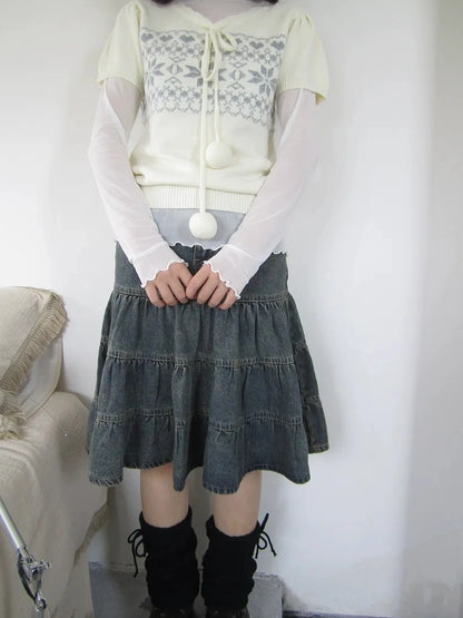 ang project Vintage Washed Distressed Lace Trim Beaded Denim Midi Skirt Skirt