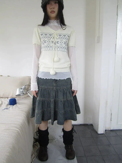 ang project Vintage Washed Distressed Lace Trim Beaded Denim Midi Skirt Skirt