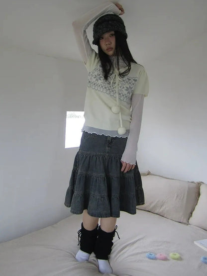 ang project Vintage Washed Distressed Lace Trim Beaded Denim Midi Skirt Skirt