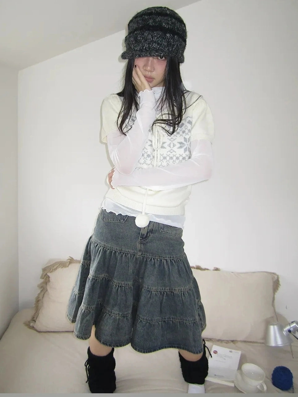 ang project Vintage Washed Distressed Lace Trim Beaded Denim Midi Skirt Skirt