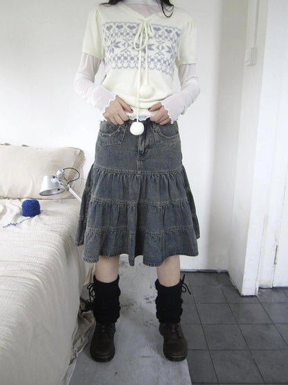 ang project Vintage Washed Distressed Lace Trim Beaded Denim Midi Skirt Skirt