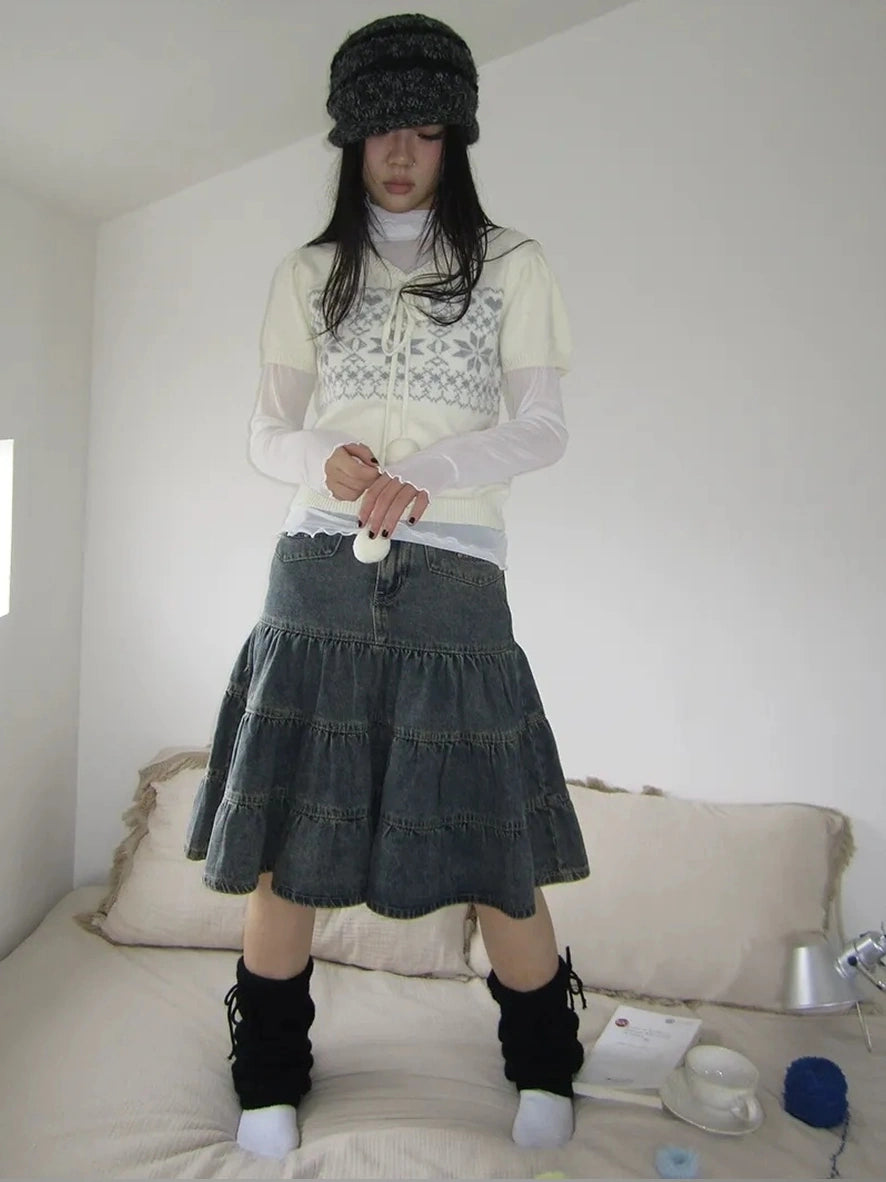 ang project Vintage Washed Distressed Lace Trim Beaded Denim Midi Skirt Skirt