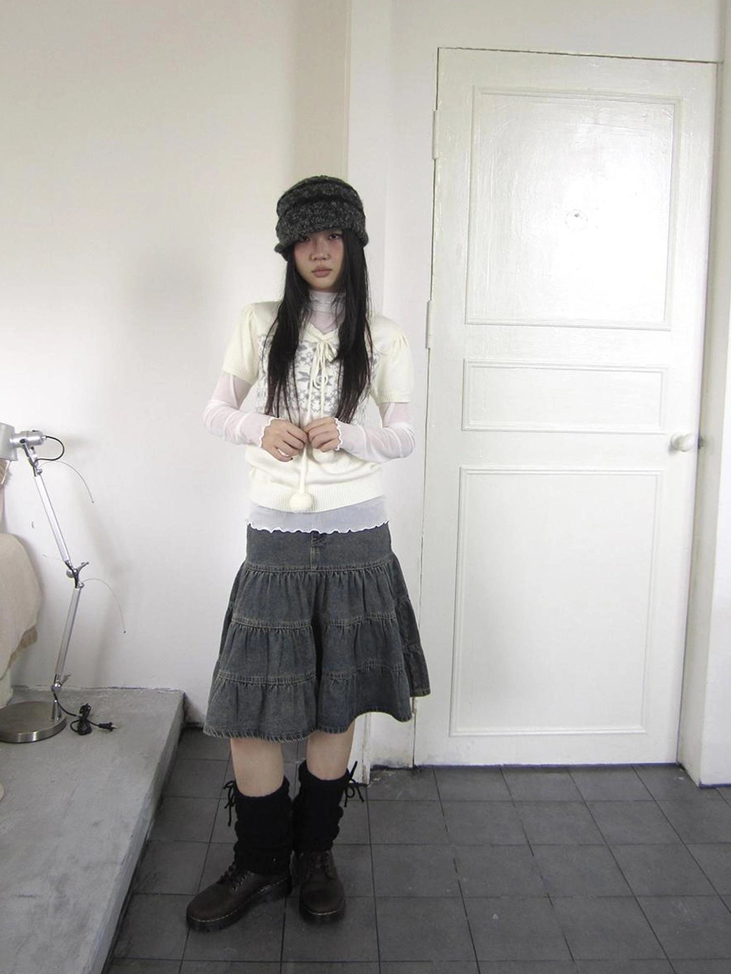 ang project Vintage Washed Distressed Lace Trim Beaded Denim Midi Skirt Skirt