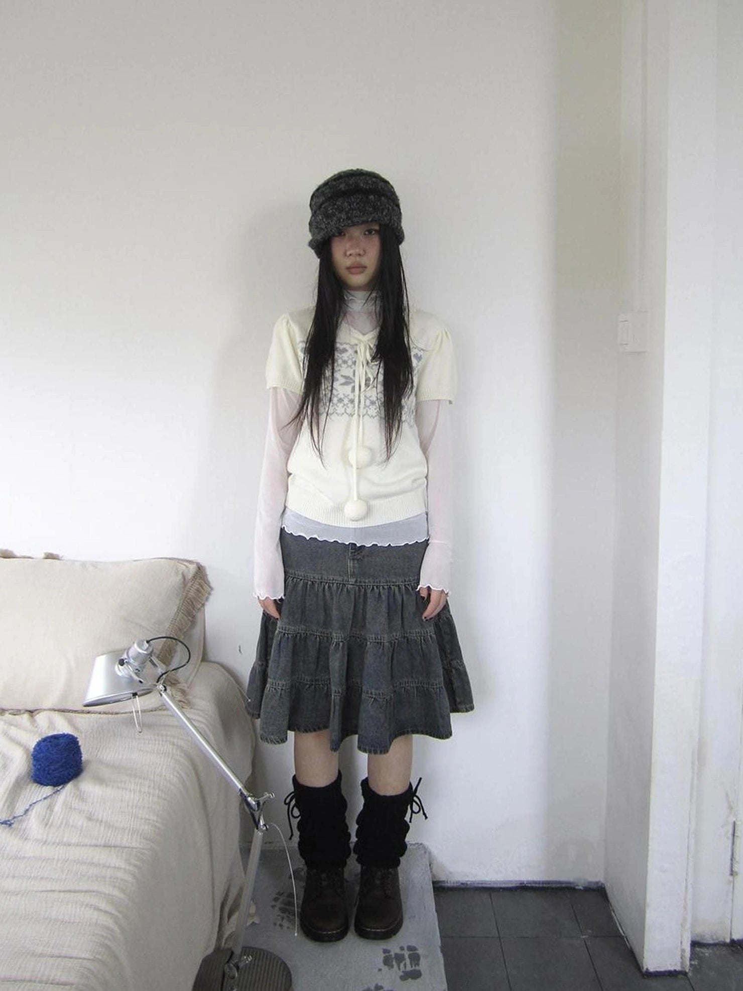 ang project Vintage Washed Distressed Lace Trim Beaded Denim Midi Skirt Skirt