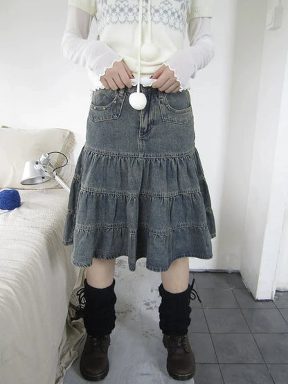 ang project Vintage Washed Distressed Lace Trim Beaded Denim Midi Skirt Skirt