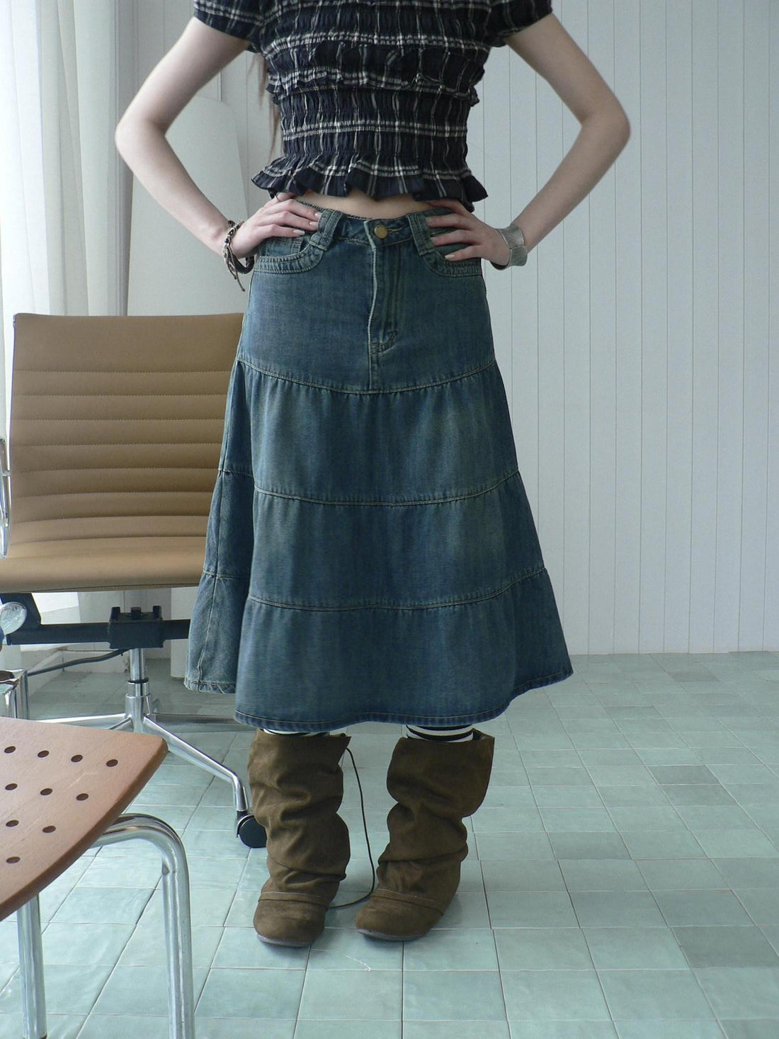 ang project Vintage Washed Distressed Pleated Paneled High Waist Women&