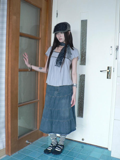 ang project Vintage Washed Distressed Pleated Paneled High Waist Women&