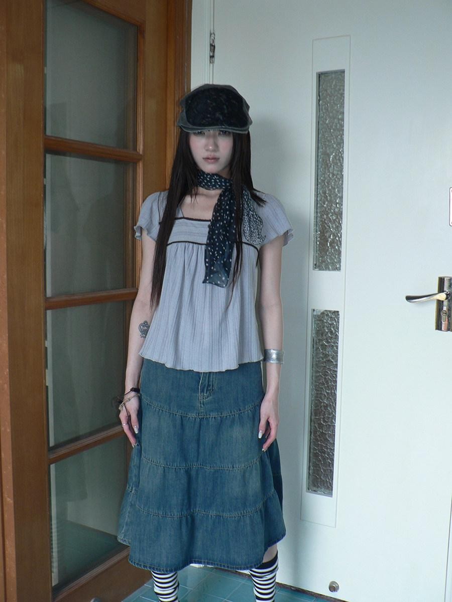 ang project Vintage Washed Distressed Pleated Paneled High Waist Women&