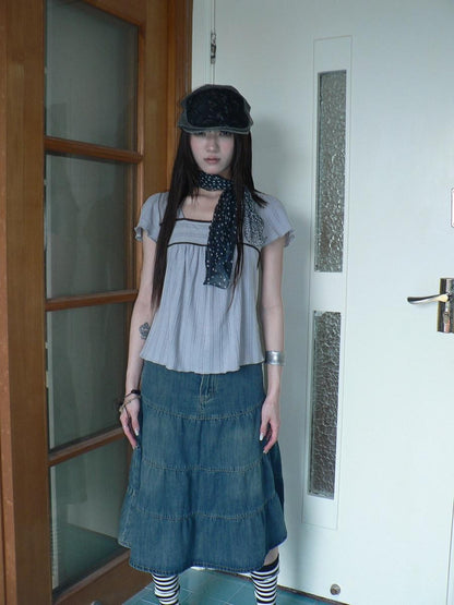 ang project Vintage Washed Distressed Pleated Paneled High Waist Women&