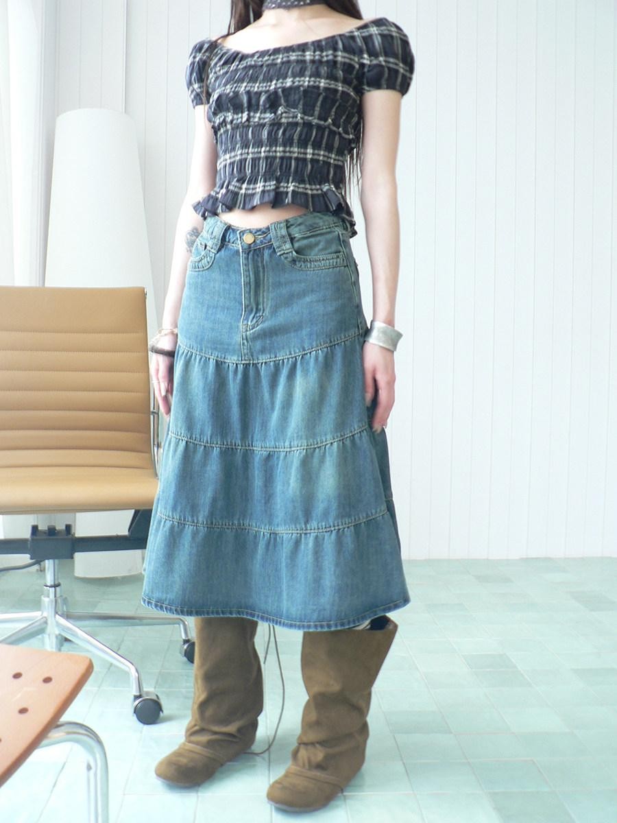 ang project Vintage Washed Distressed Pleated Paneled High Waist Women&