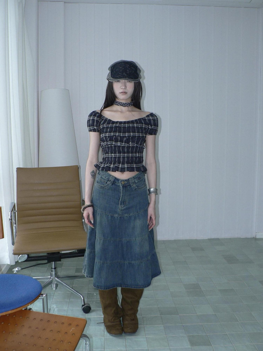 ang project Vintage Washed Distressed Pleated Paneled High Waist Women&