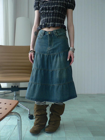 ang project Vintage Washed Distressed Pleated Paneled High Waist Women&