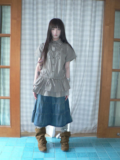ang project Vintage Washed Distressed Pleated Paneled High Waist Women&