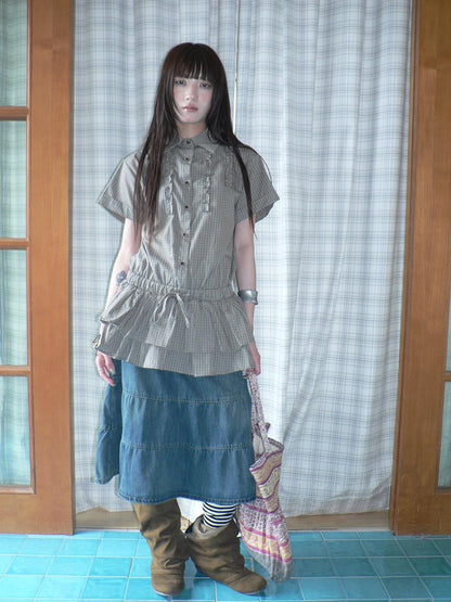 ang project Vintage Washed Distressed Pleated Paneled High Waist Women&