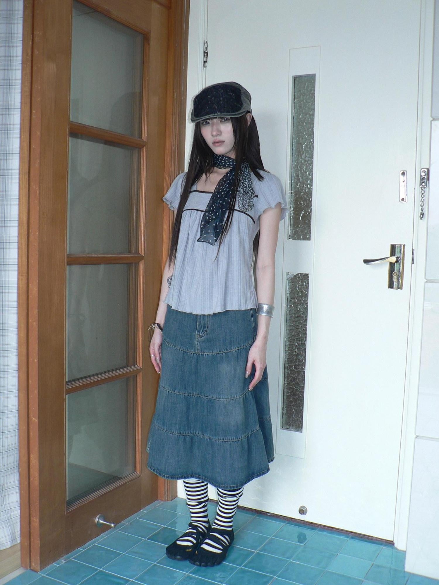 ang project Vintage Washed Distressed Pleated Paneled High Waist Women&