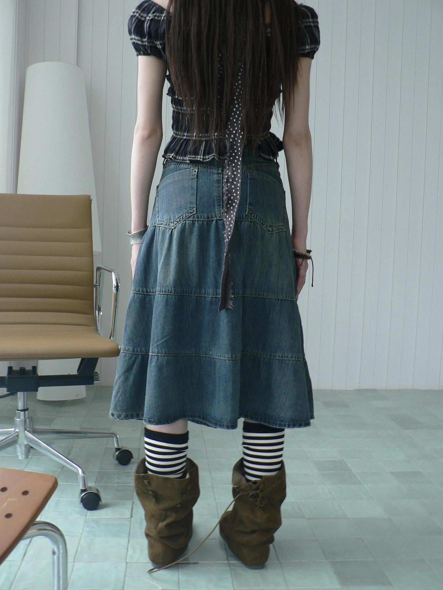 ang project Vintage Washed Distressed Pleated Paneled High Waist Women&