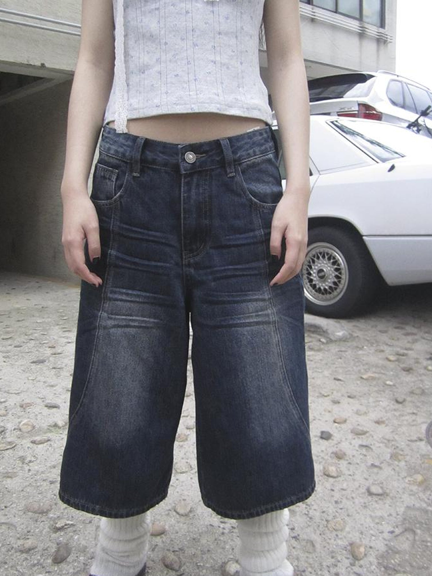 ang project Vintage Washed Distressed Relaxed Straight Cropped Jeans