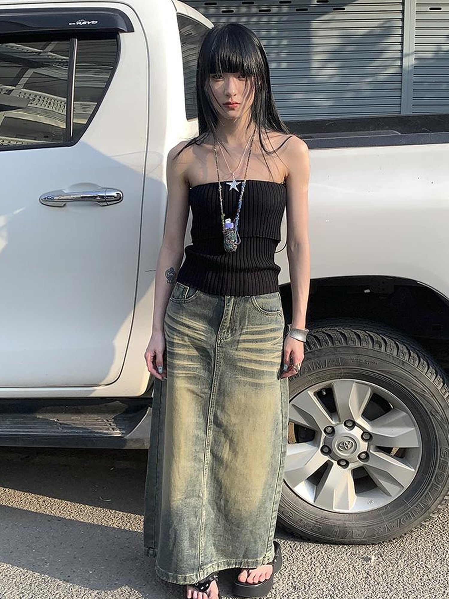 ang project Vintage Washed Distressed Side Slit Denim Maxi Skirt