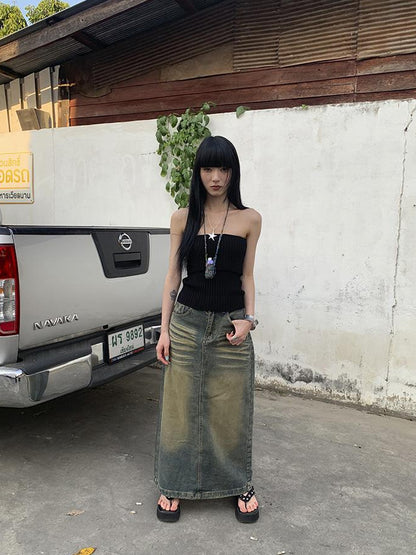 ang project Vintage Washed Distressed Side Slit Denim Maxi Skirt