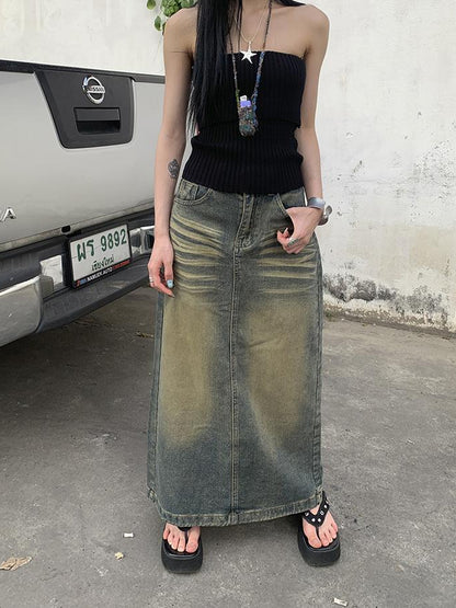 ang project Vintage Washed Distressed Side Slit Denim Maxi Skirt