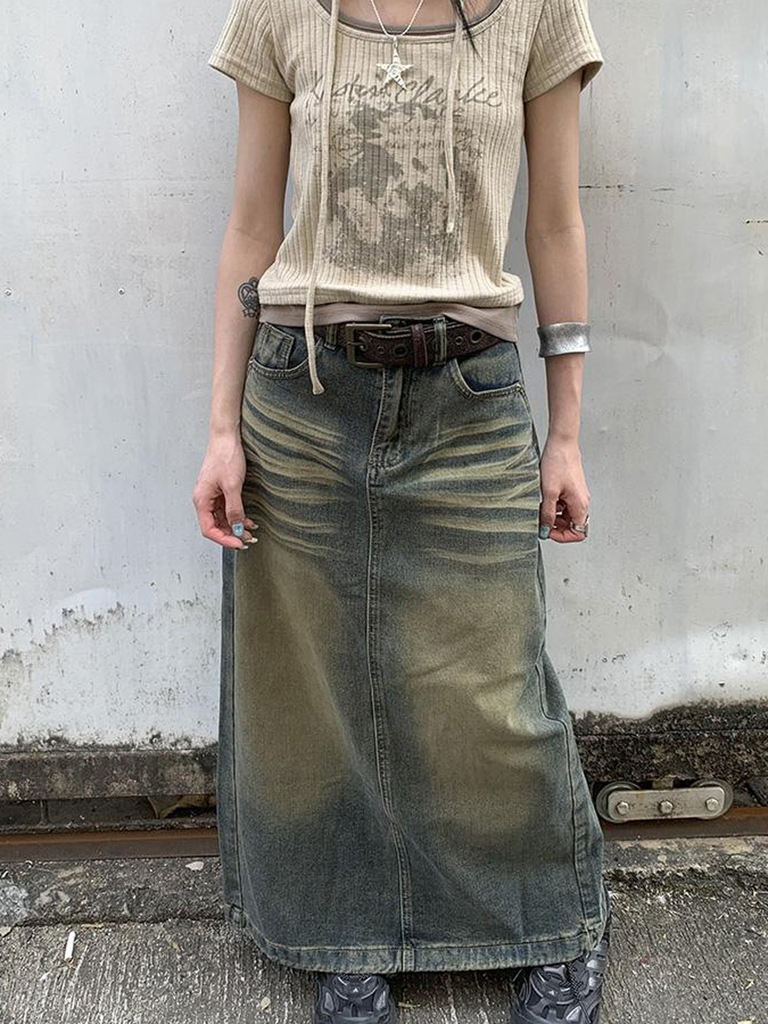 ang project Vintage Washed Distressed Side Slit Denim Maxi Skirt
