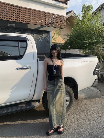 ang project Vintage Washed Distressed Side Slit Denim Maxi Skirt