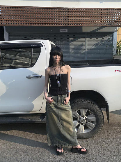 ang project Vintage Washed Distressed Side Slit Denim Maxi Skirt