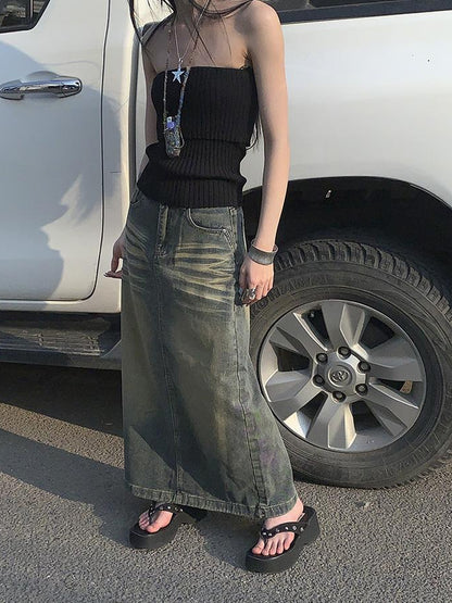 ang project Vintage Washed Distressed Side Slit Denim Maxi Skirt