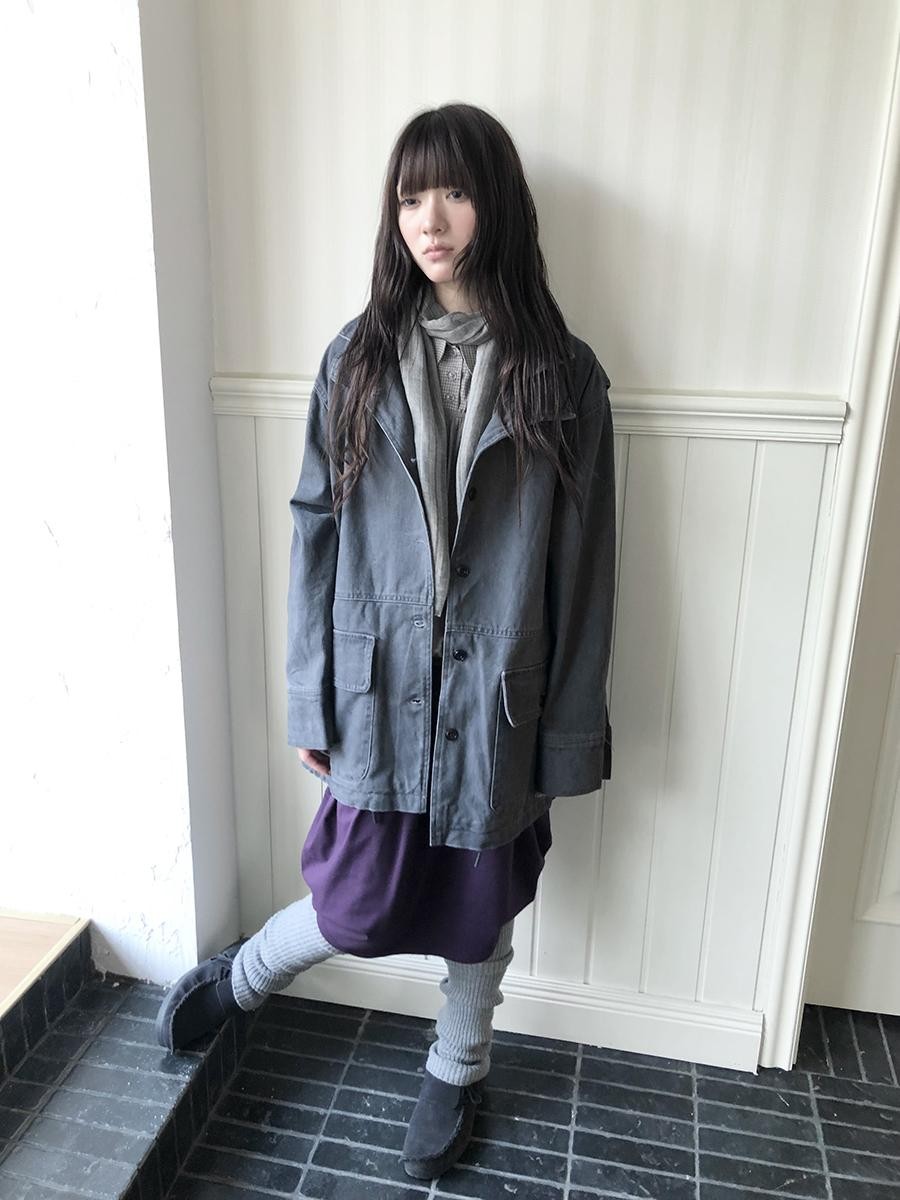 ang project Vintage Washed Drawstring Double Layer Collar Mid Length Women&