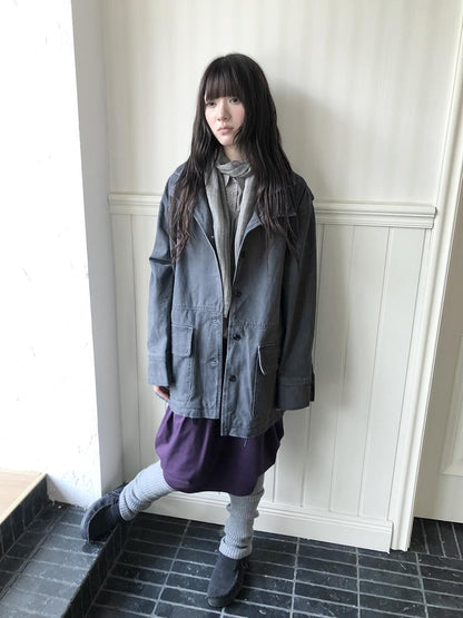 ang project Vintage Washed Drawstring Double Layer Collar Mid Length Women&