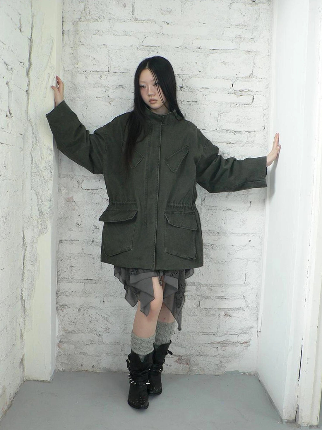 ang project Vintage Washed Drawstring Waist Multi Pocket Long Utility Jacket Jacket