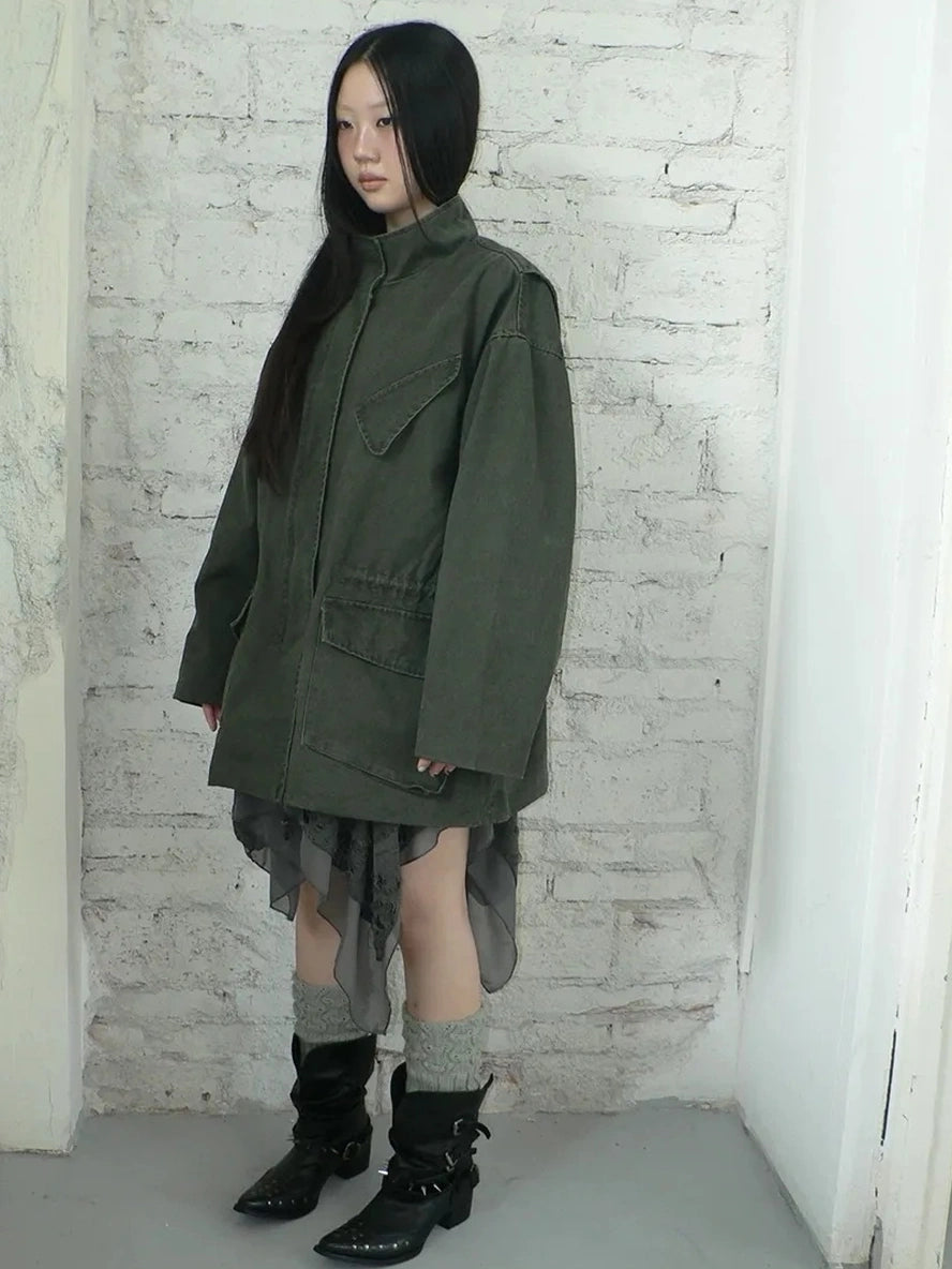 ang project Vintage Washed Drawstring Waist Multi Pocket Long Utility Jacket Jacket