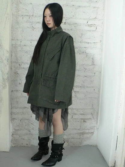 ang project Vintage Washed Drawstring Waist Multi Pocket Long Utility Jacket Jacket